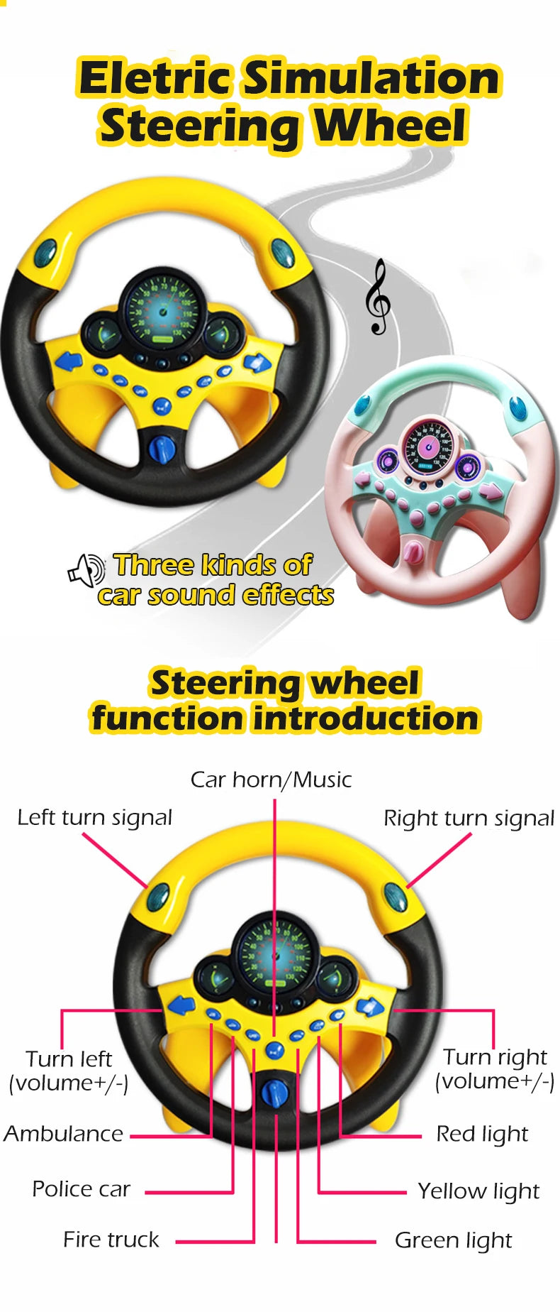 Infant Shining Eletric Simulation Steering Wheel Toy with Light Sound Kids Early Educational Stroller Steering Wheel Vocal Toys